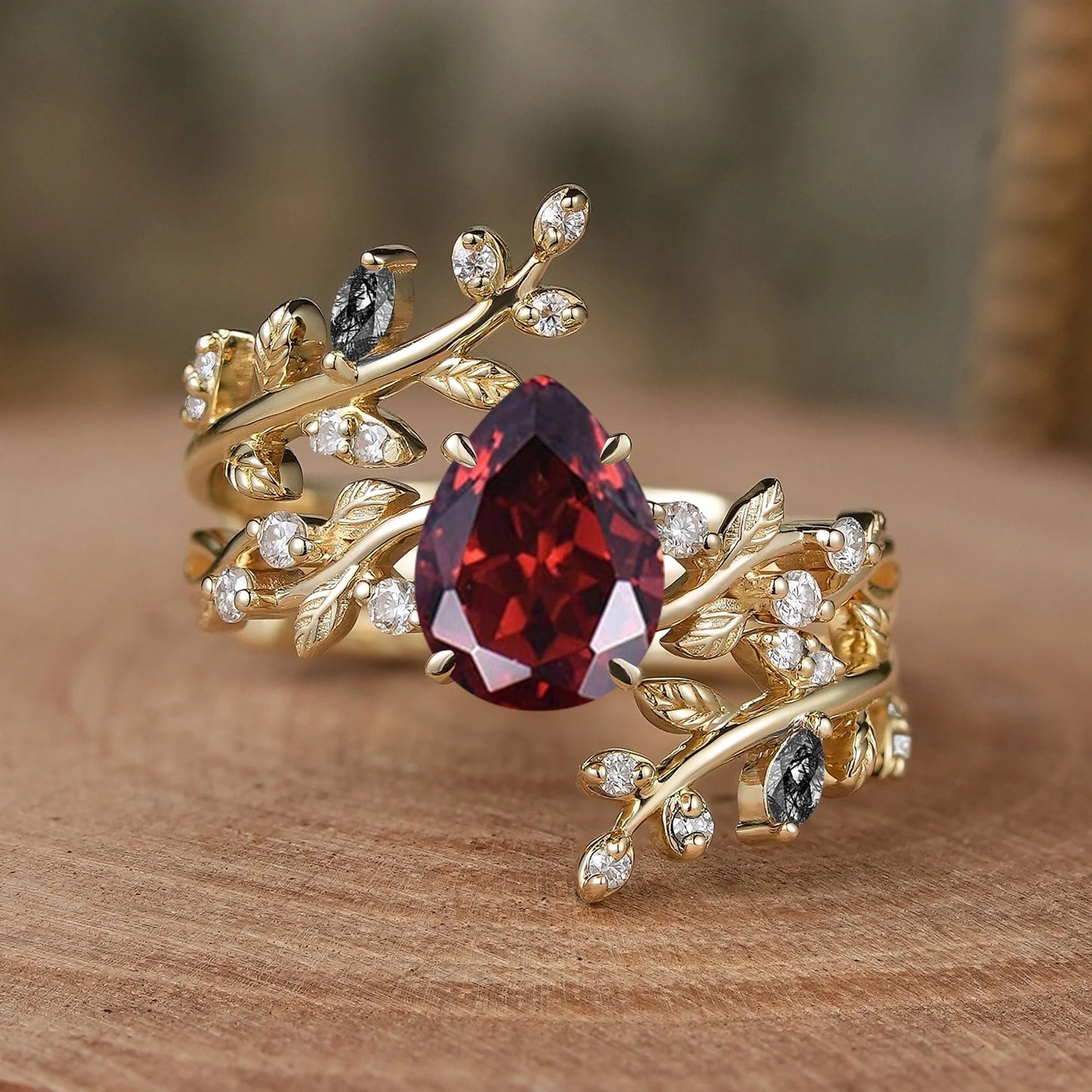 Aphrodite's Enchanted Vine | Pear Garnet Cross Nature Inspired Enhancer Ring Bridal Set - GemsMagic