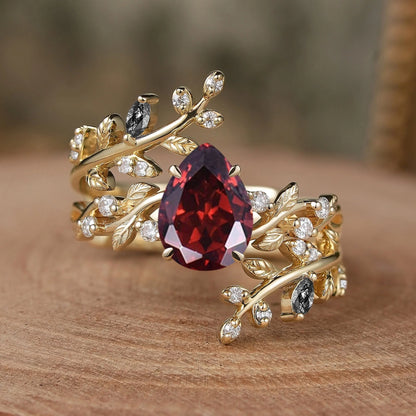Aphrodite's Enchanted Vine | Pear Garnet Cross Nature Inspired Enhancer Ring Bridal Set - GemsMagic