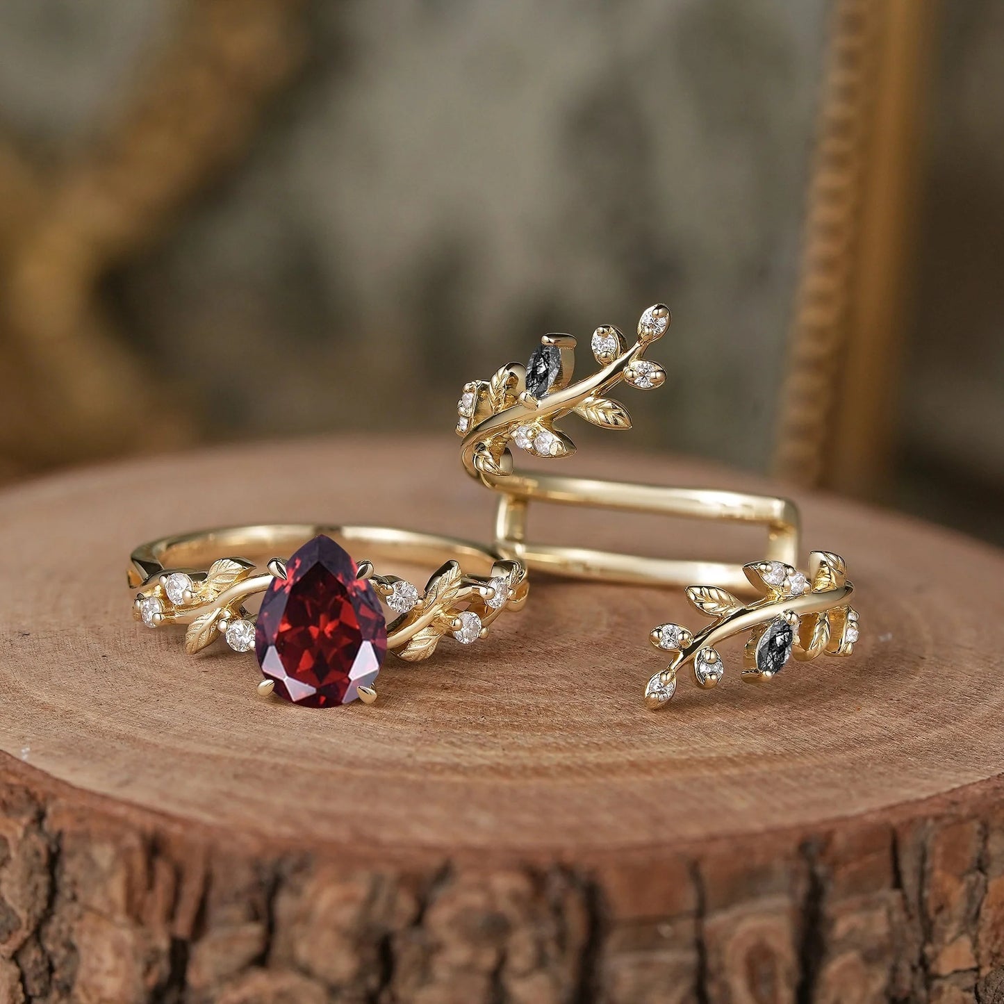 Aphrodite's Enchanted Vine | Pear Garnet Cross Nature Inspired Enhancer Ring Bridal Set - GemsMagic