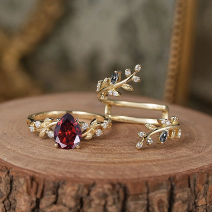 Aphrodite's Enchanted Vine | Pear Garnet Cross Nature Inspired Enhancer Ring Bridal Set - GemsMagic