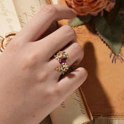 Aphrodite's Enchanted Vine | Pear Garnet Cross Nature Inspired Enhancer Ring Bridal Set - GemsMagic