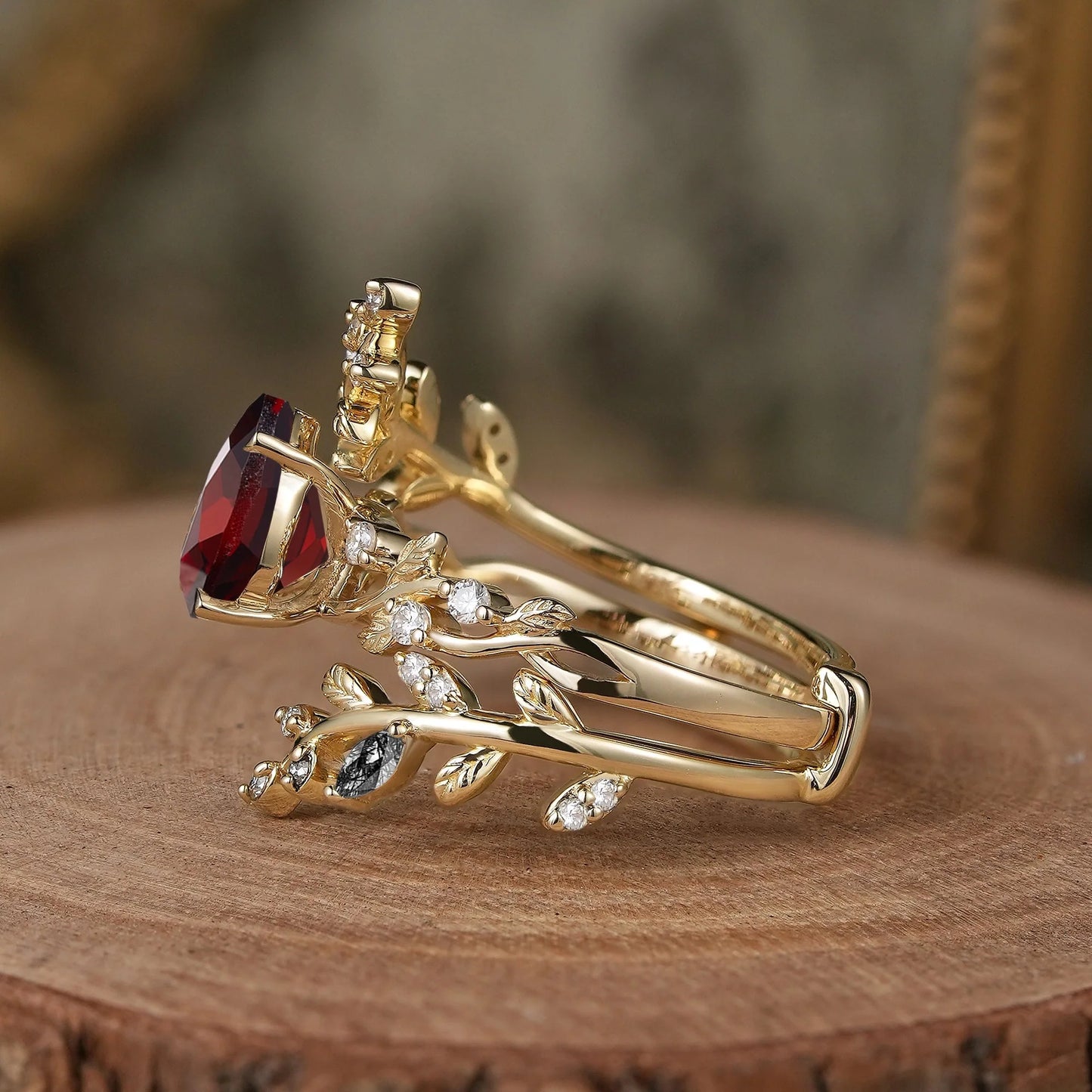 Aphrodite's Enchanted Vine | Pear Garnet Cross Nature Inspired Enhancer Ring Bridal Set - GemsMagic