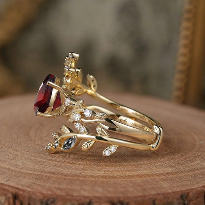 Aphrodite's Enchanted Vine | Pear Garnet Cross Nature Inspired Enhancer Ring Bridal Set - GemsMagic