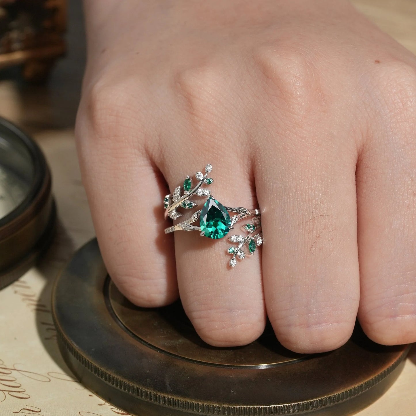 Aphrodite's Enchanted Vine | White Gold Emerald Engagement Ring Set -Marigold