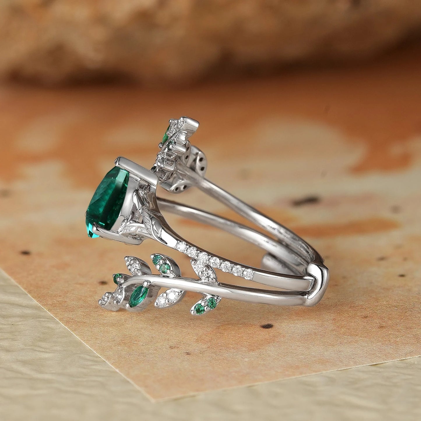 Aphrodite's Enchanted Vine | White Gold Emerald Engagement Ring Set -Marigold