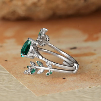 Aphrodite's Enchanted Vine | White Gold Emerald Engagement Ring Set -Marigold