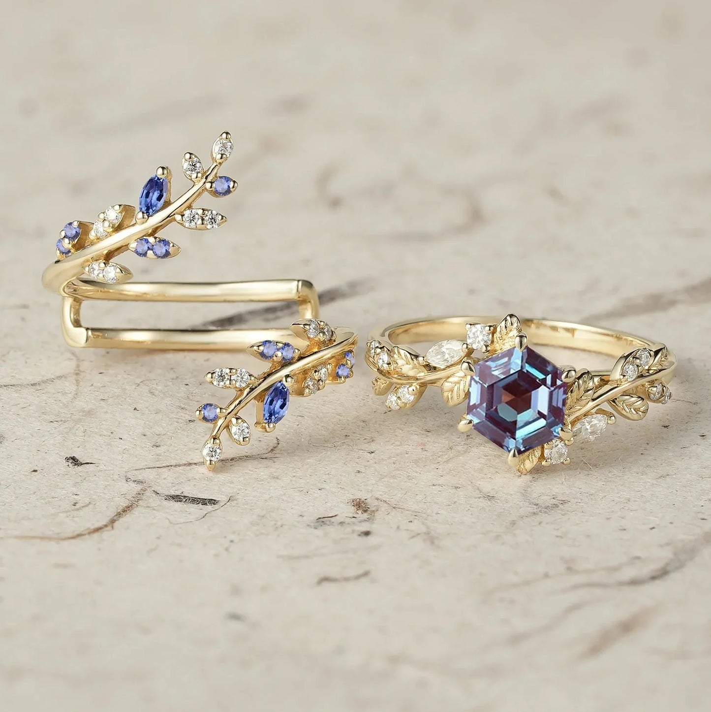 Aphrodite's Hexagon Cut Alexandrite Asymmetric Leaf Enhancer Ring Set - Eliza