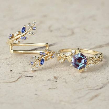 Aphrodite's Hexagon Cut Alexandrite Asymmetric Leaf Enhancer Ring Set - Eliza