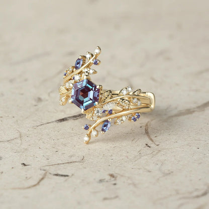 Aphrodite's Hexagon Cut Alexandrite Asymmetric Leaf Enhancer Ring Set - Eliza