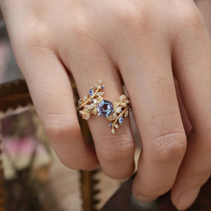 Aphrodite's Hexagon Cut Alexandrite Asymmetric Leaf Enhancer Ring Set - Eliza