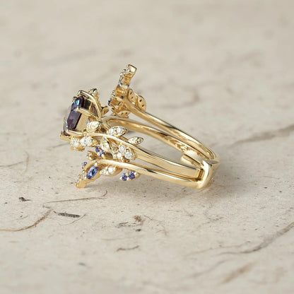 Aphrodite's Hexagon Cut Alexandrite Asymmetric Leaf Enhancer Ring Set - Eliza