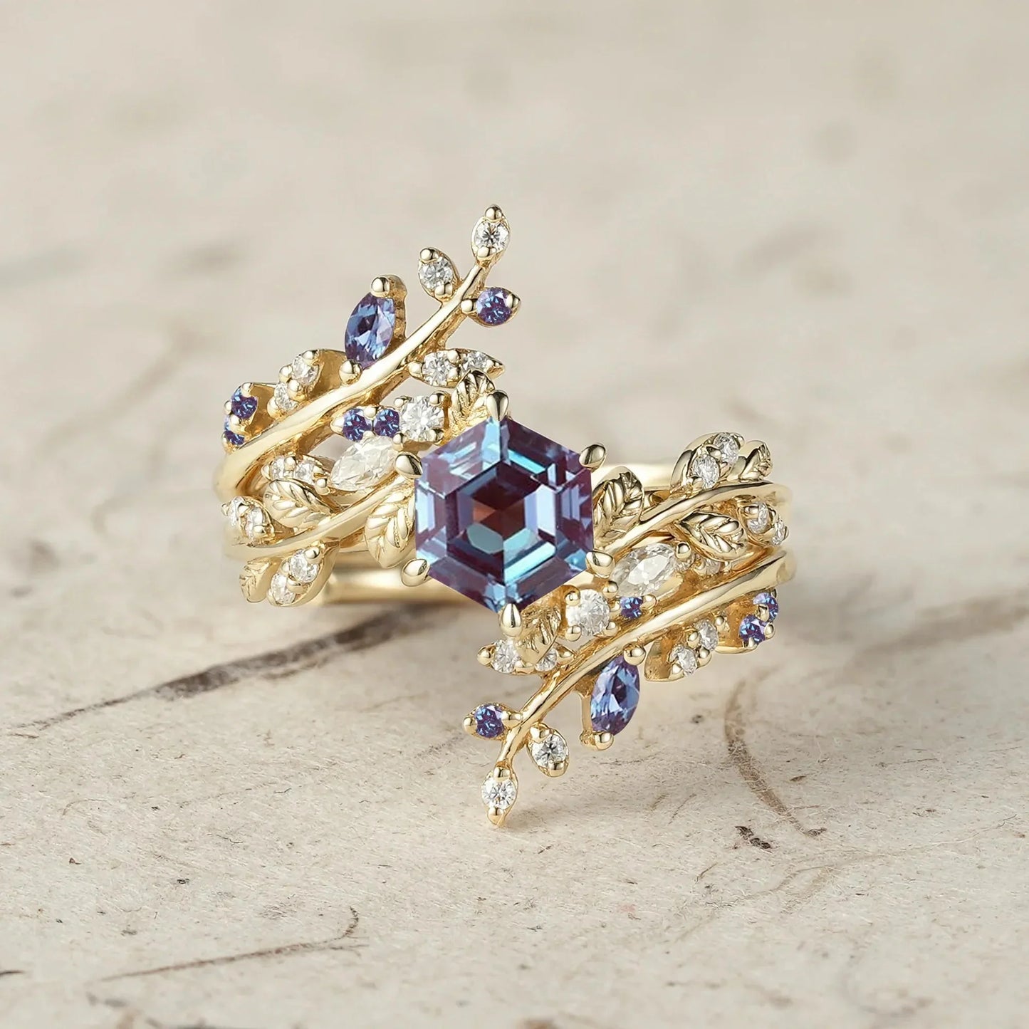 Aphrodite's Hexagon Cut Alexandrite Asymmetric Leaf Enhancer Ring Set - Eliza