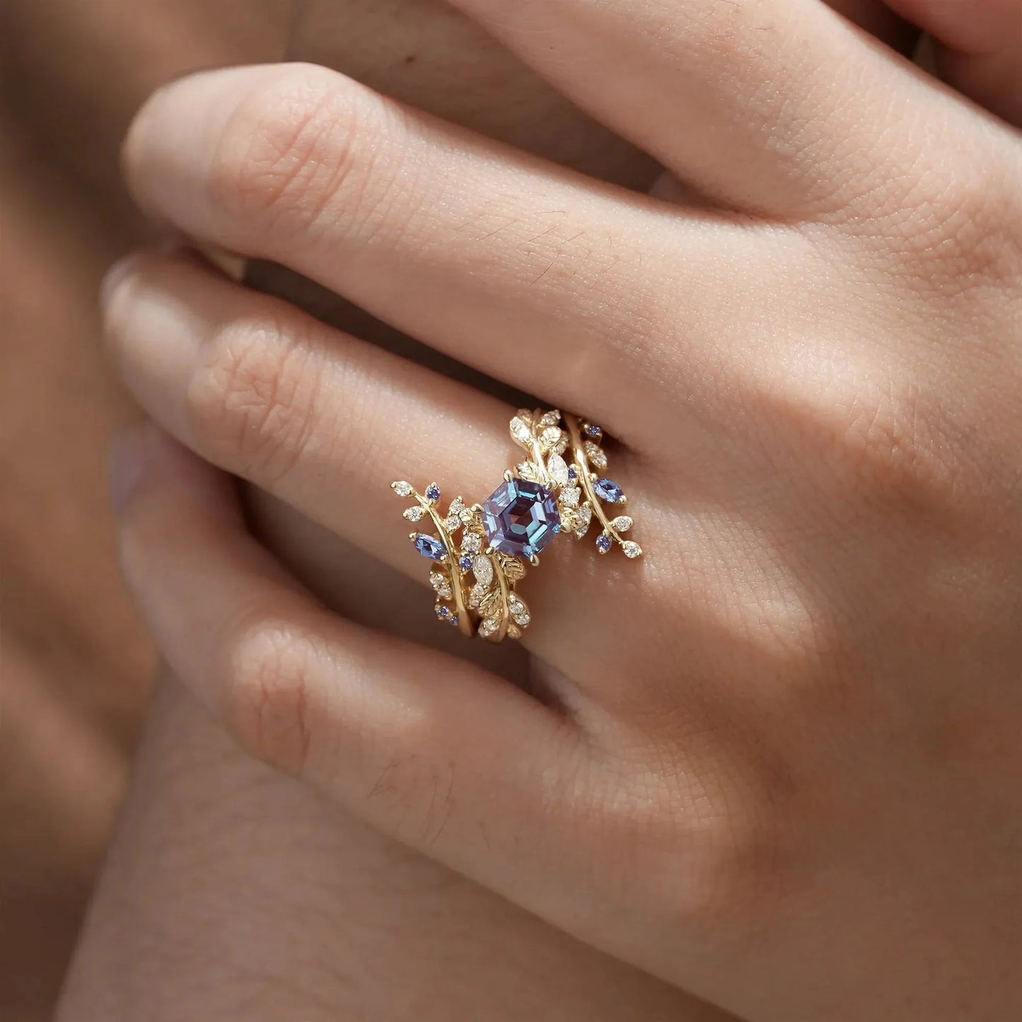 Aphrodite's Hexagon Cut Alexandrite Asymmetric Leaf Enhancer Ring Set - Eliza