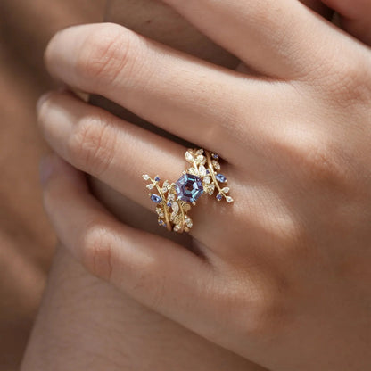 Aphrodite's Hexagon Cut Alexandrite Asymmetric Leaf Enhancer Ring Set - Eliza
