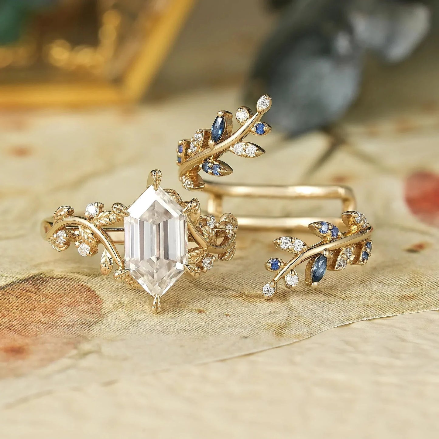 Aphrodite's Long-Hexagon-Cut Moissanite Vine Ring with Blue Sapphires - Oriana