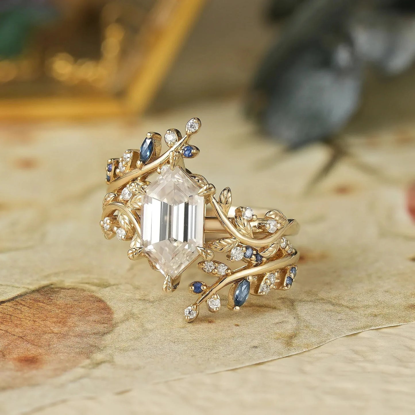 Aphrodite's Long-Hexagon-Cut Moissanite Vine Ring with Blue Sapphires - Oriana