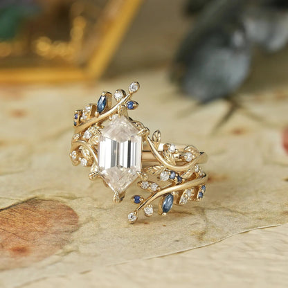 Aphrodite's Long-Hexagon-Cut Moissanite Vine Ring with Blue Sapphires - Oriana