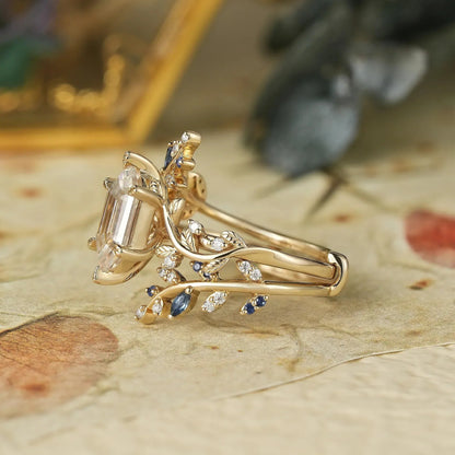 Aphrodite's Long-Hexagon-Cut Moissanite Vine Ring with Blue Sapphires - Oriana