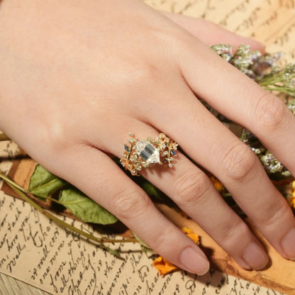 Aphrodite's Long-Hexagon-Cut Moissanite Vine Ring with Blue Sapphires - Oriana