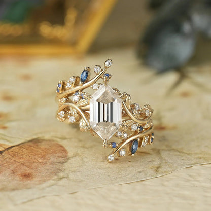 Aphrodite's Long-Hexagon-Cut Moissanite Vine Ring with Blue Sapphires - Oriana
