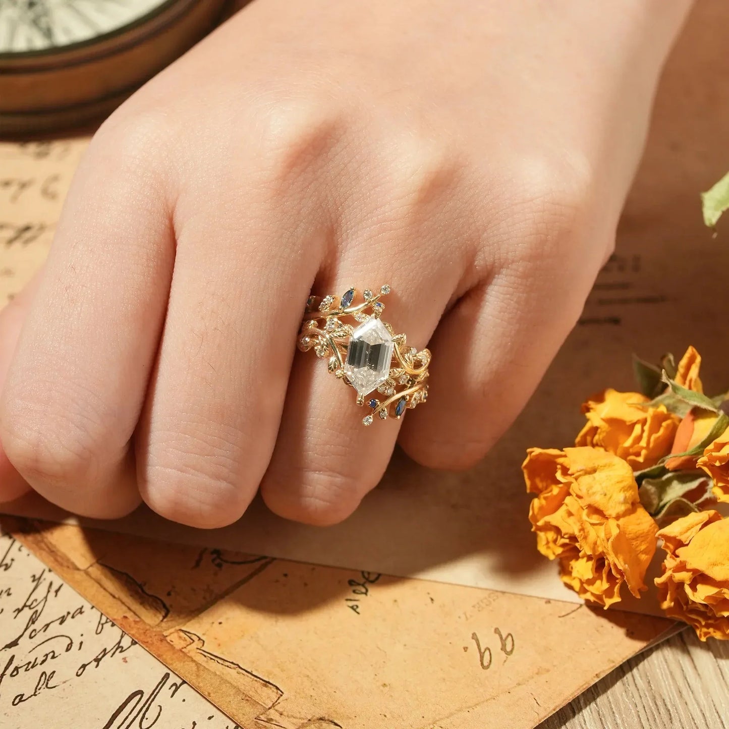 Aphrodite's Long-Hexagon-Cut Moissanite Vine Ring with Blue Sapphires - Oriana