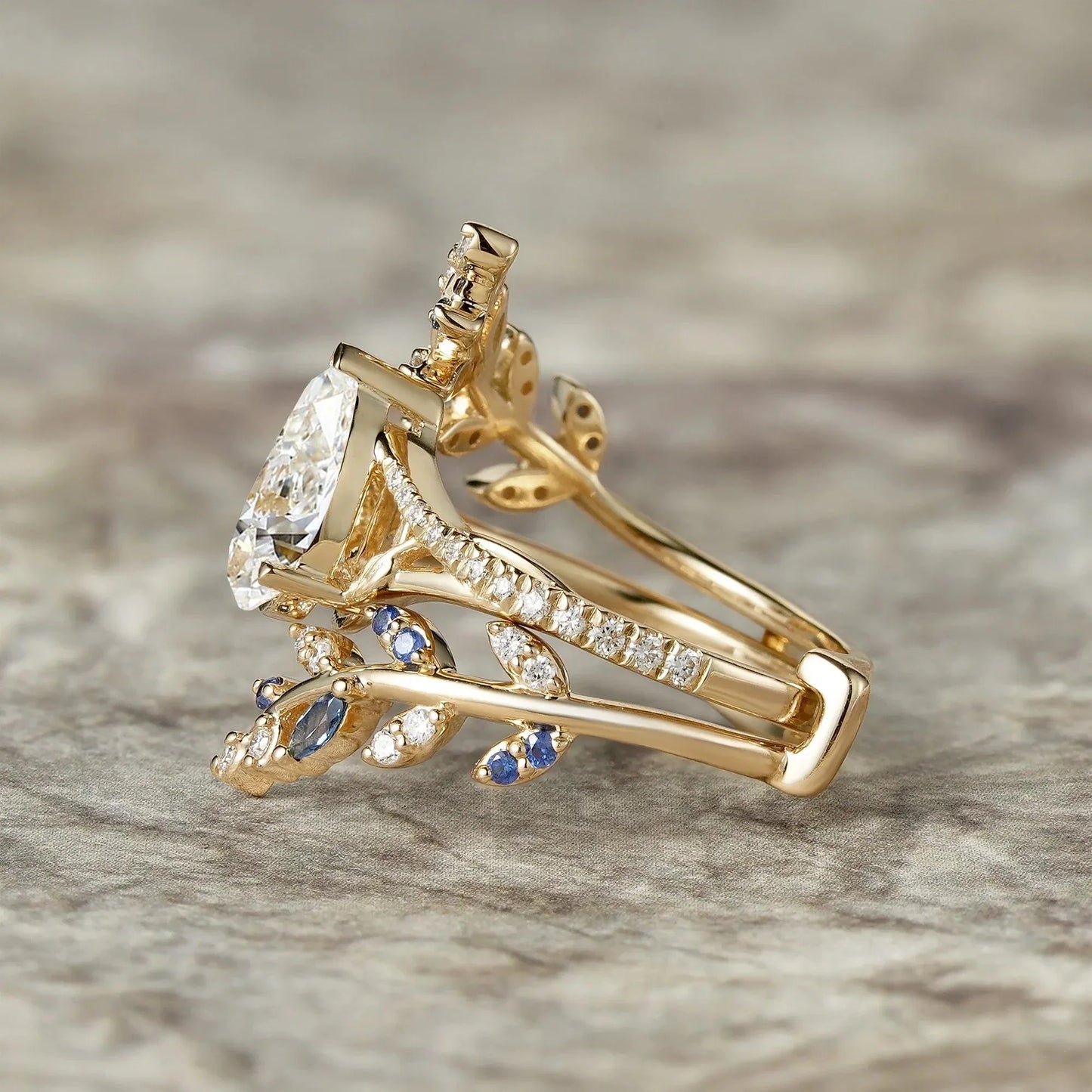 Aphrodite's Nature-Inspired Pear Cut Moissanite and Sapphire Ring Set - Aurora