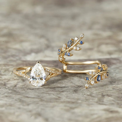 Aphrodite's Nature-Inspired Pear Cut Moissanite and Sapphire Ring Set - Aurora