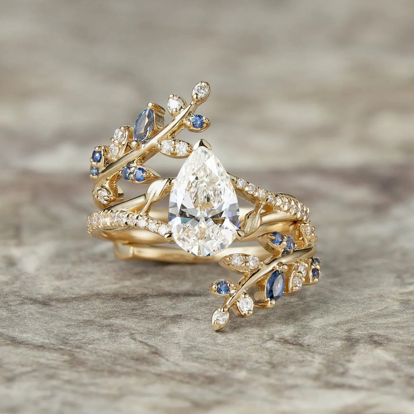 Aphrodite's Nature-Inspired Pear Cut Moissanite and Sapphire Ring Set - Aurora