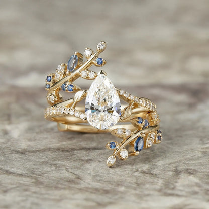 Aphrodite's Nature-Inspired Pear Cut Moissanite and Sapphire Ring Set - Aurora