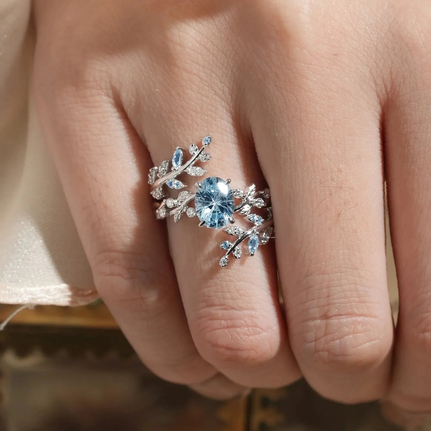Aphrodite's Sparkle Cut Lab Grown Aquamarine Cross Leaf Ehancer Ring Set - Kira