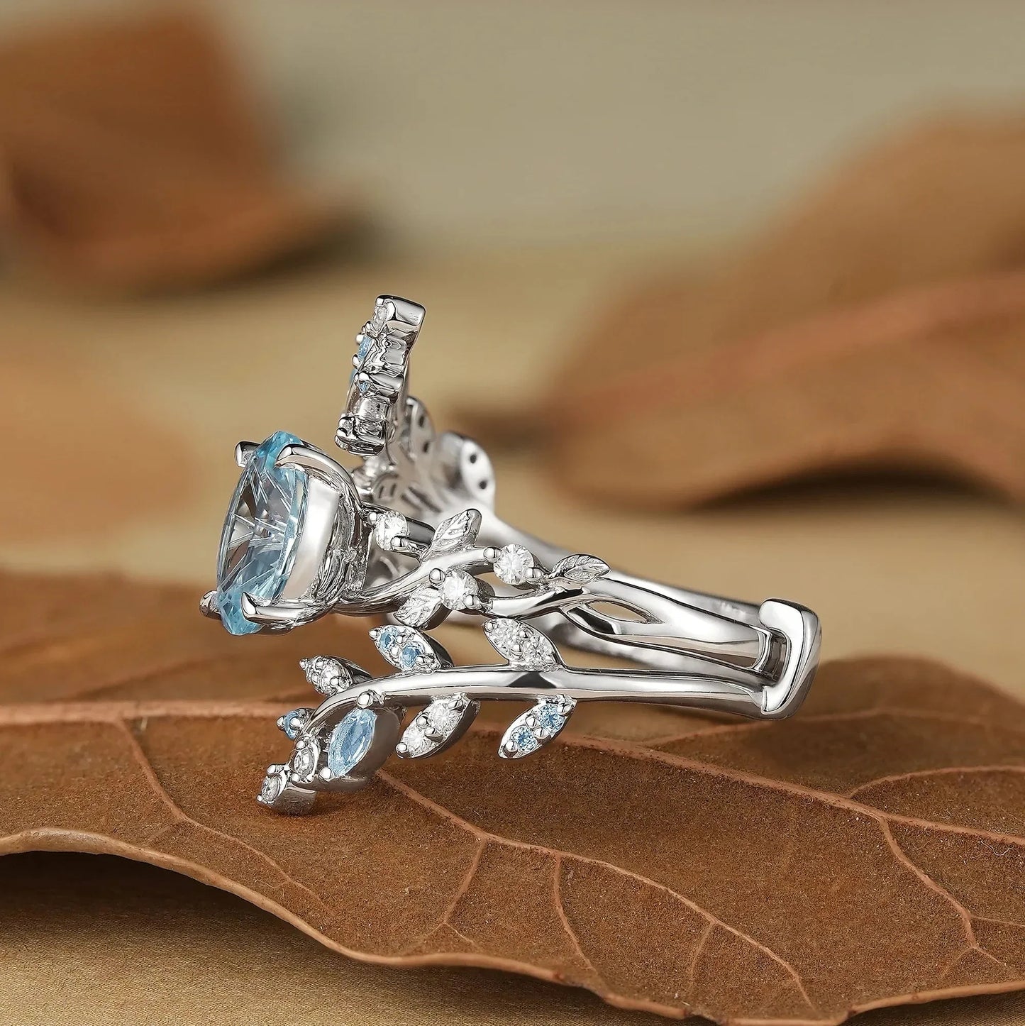 Aphrodite's Sparkle Cut Lab Grown Aquamarine Cross Leaf Ehancer Ring Set - Kira