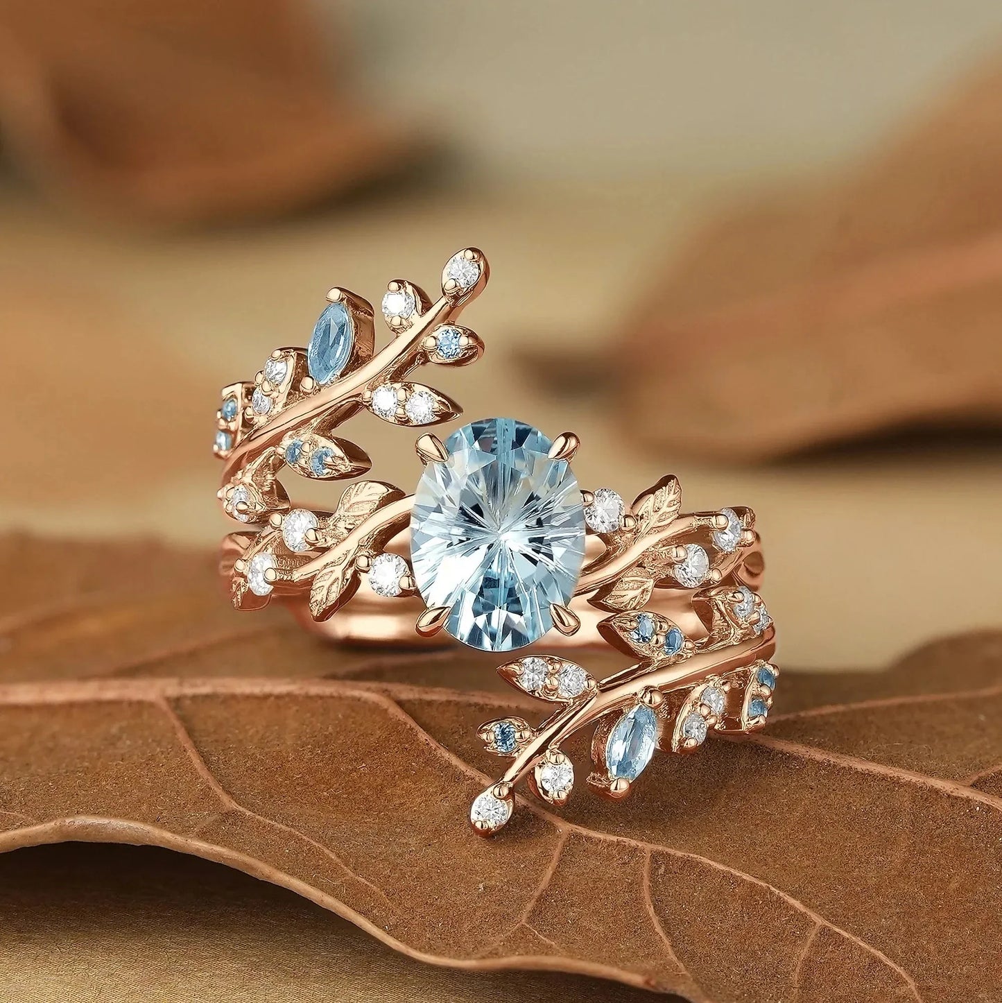 Aphrodite's Sparkle Cut Lab Grown Aquamarine Cross Leaf Ehancer Ring Set - Kira