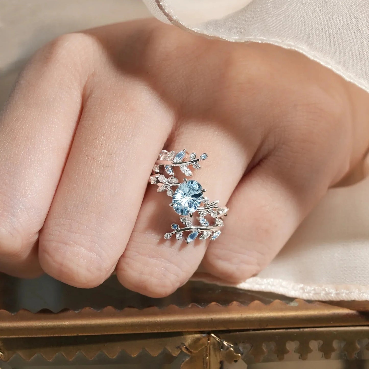 Aphrodite's Sparkle Cut Lab Grown Aquamarine Cross Leaf Ehancer Ring Set - Kira