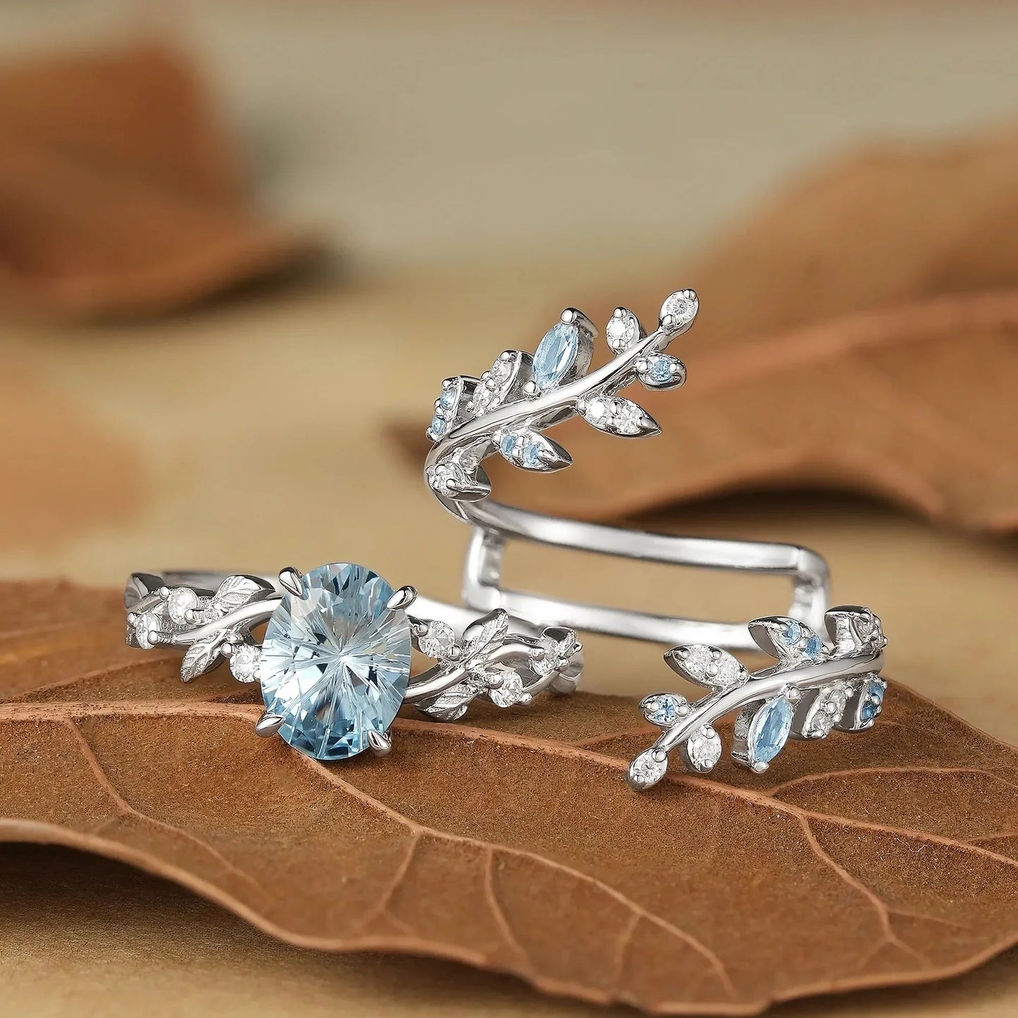 Aphrodite's Sparkle Cut Lab Grown Aquamarine Cross Leaf Ehancer Ring Set - Kira