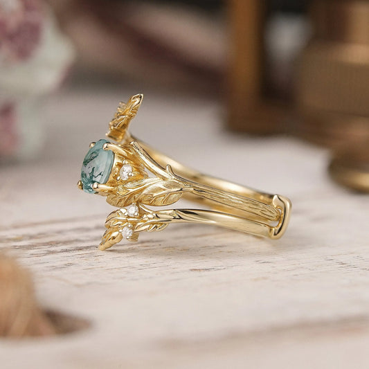 Bark Textured Round Cut Moss Agate Nature Inspired Enhancer Bridal Ring Set