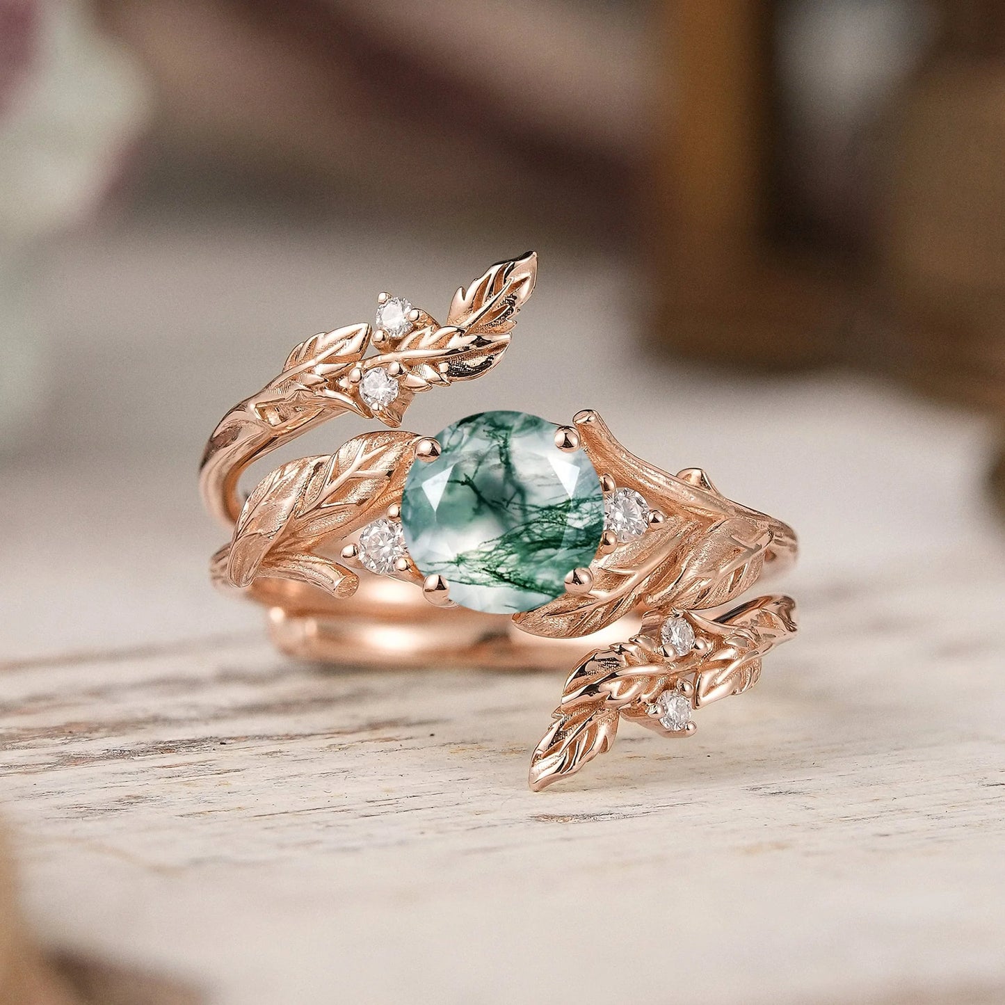 Bark Textured Round Cut Moss Agate Nature Inspired Enhancer Bridal Ring Set
