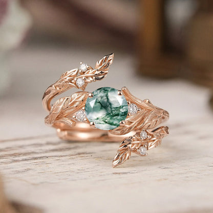 Bark Textured Round Cut Moss Agate Nature Inspired Enhancer Bridal Ring Set