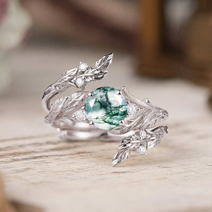 Bark Textured Round Cut Moss Agate Nature Inspired Enhancer Bridal Ring Set