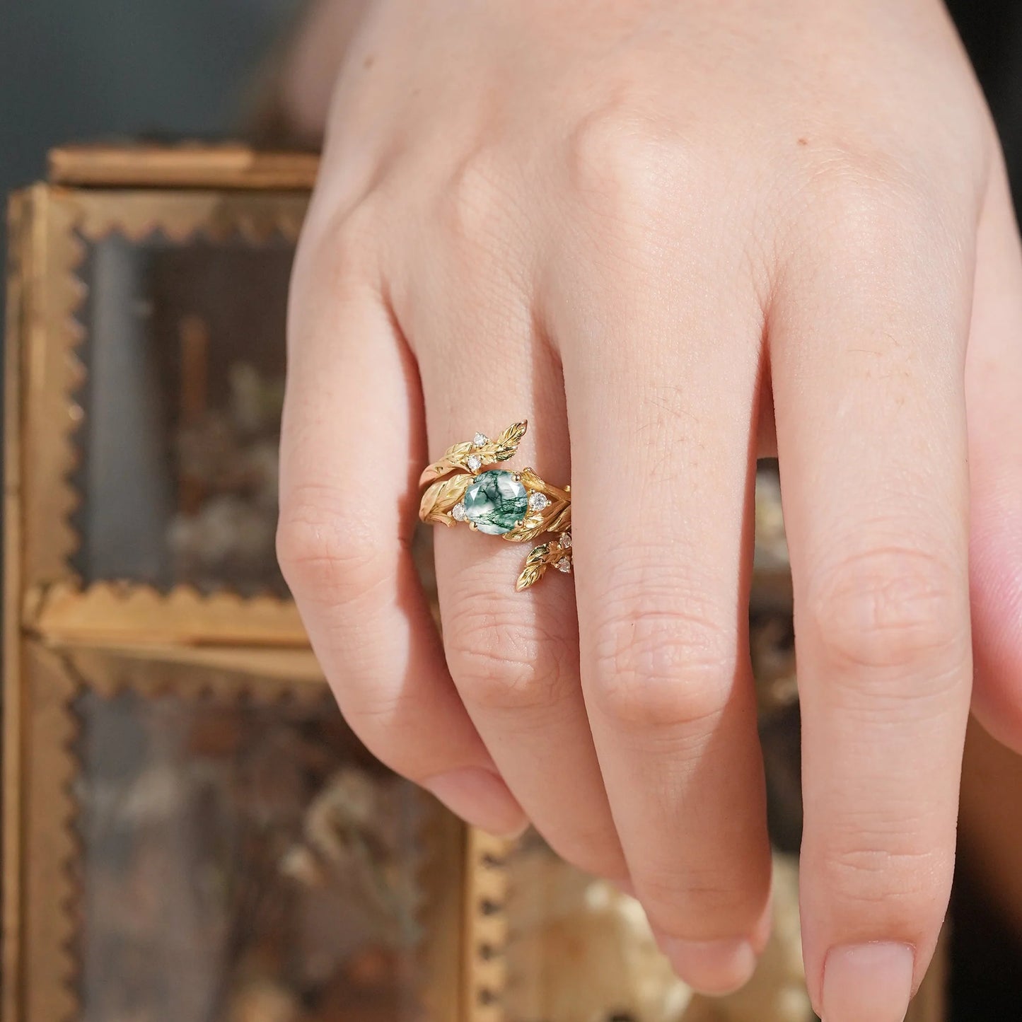 Bark Textured Round Cut Moss Agate Nature Inspired Enhancer Bridal Ring Set