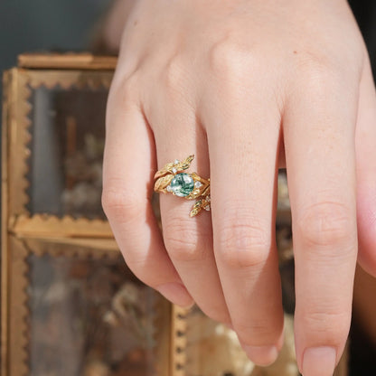 Bark Textured Round Cut Moss Agate Nature Inspired Enhancer Bridal Ring Set