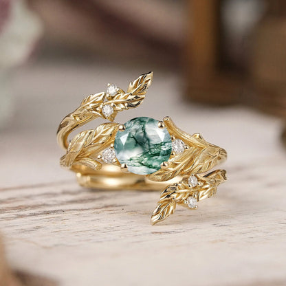 Bark Textured Round Cut Moss Agate Nature Inspired Enhancer Bridal Ring Set