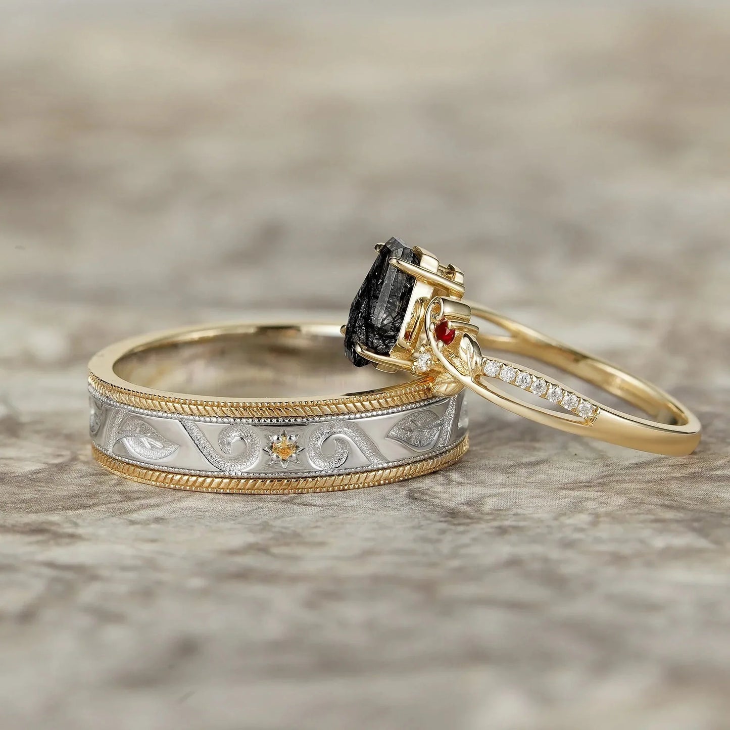 Black Rutilated Quartz Couple Ring Set-One & Only