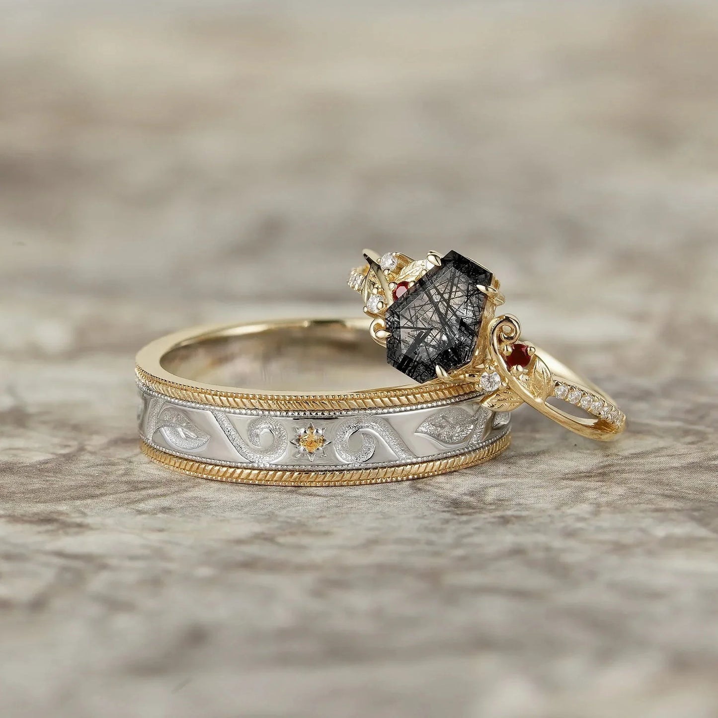 Black Rutilated Quartz Couple Ring Set-One & Only