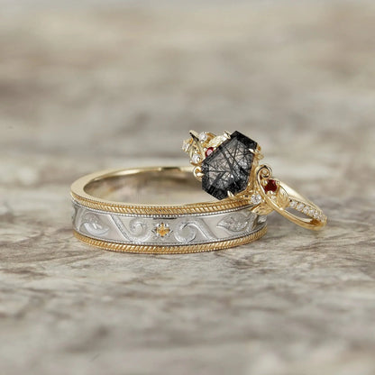 Black Rutilated Quartz Couple Ring Set-One & Only