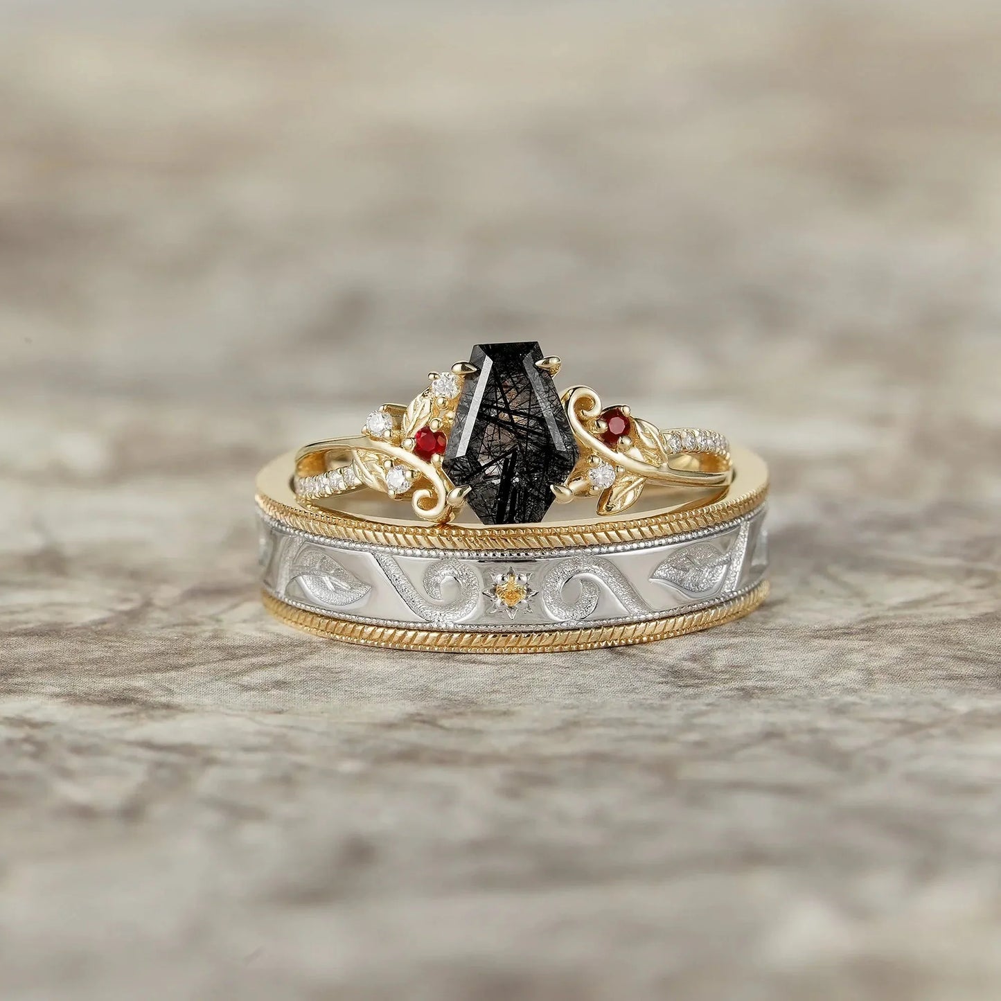 Black Rutilated Quartz Couple Ring Set-One & Only