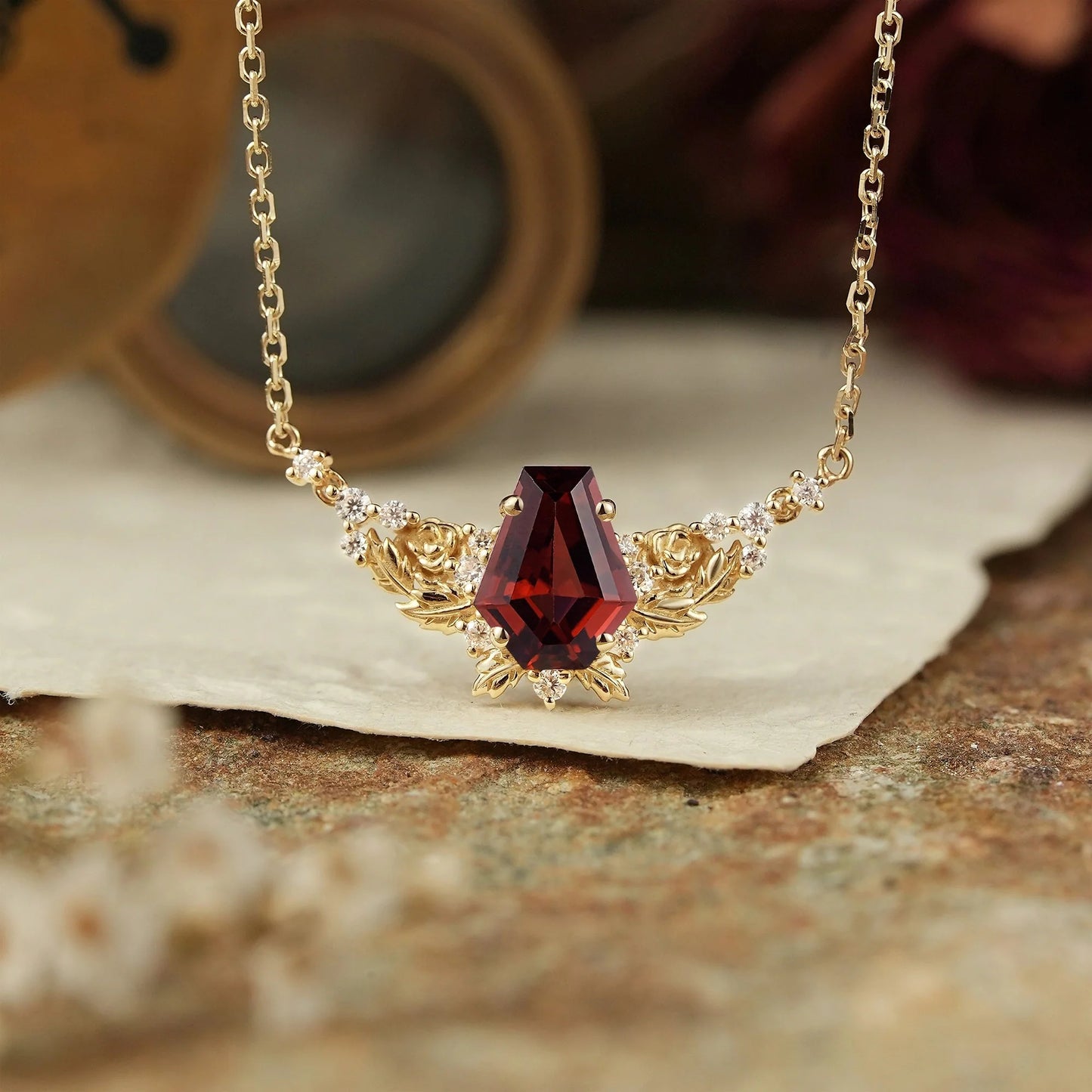Blooming Rose: Coffin Garnet Floral Leaf Inspired Necklace Halloween Gift For Her