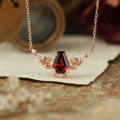 Blooming Rose: Coffin Garnet Floral Leaf Inspired Necklace Halloween Gift For Her