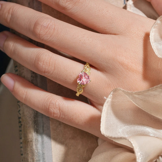 pink Heart Shaped Padparadscha rose flower Engagement Ring - Ivy
