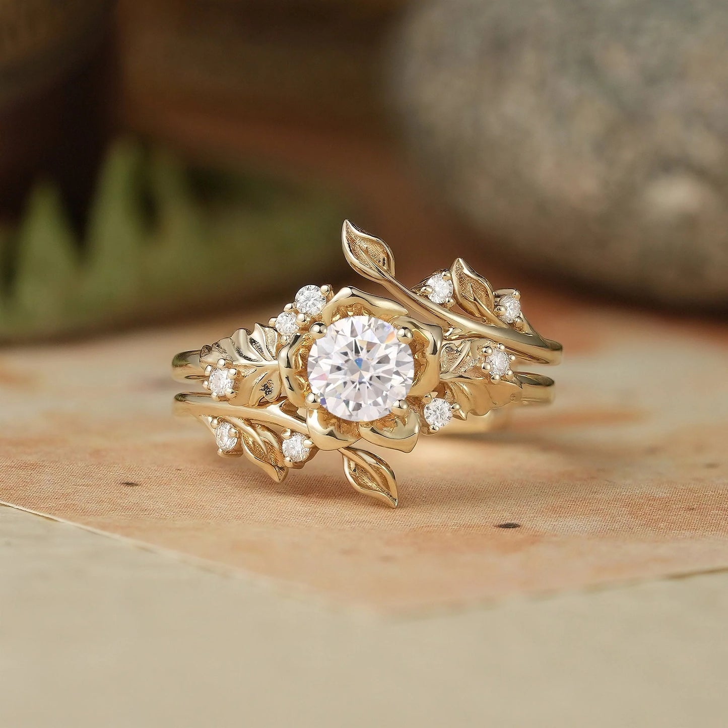 Blooming Rose Moissanite Engagement Ring Set 2pcs-Sylvaine