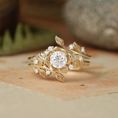 Blooming Rose Moissanite Engagement Ring Set 2pcs-Sylvaine